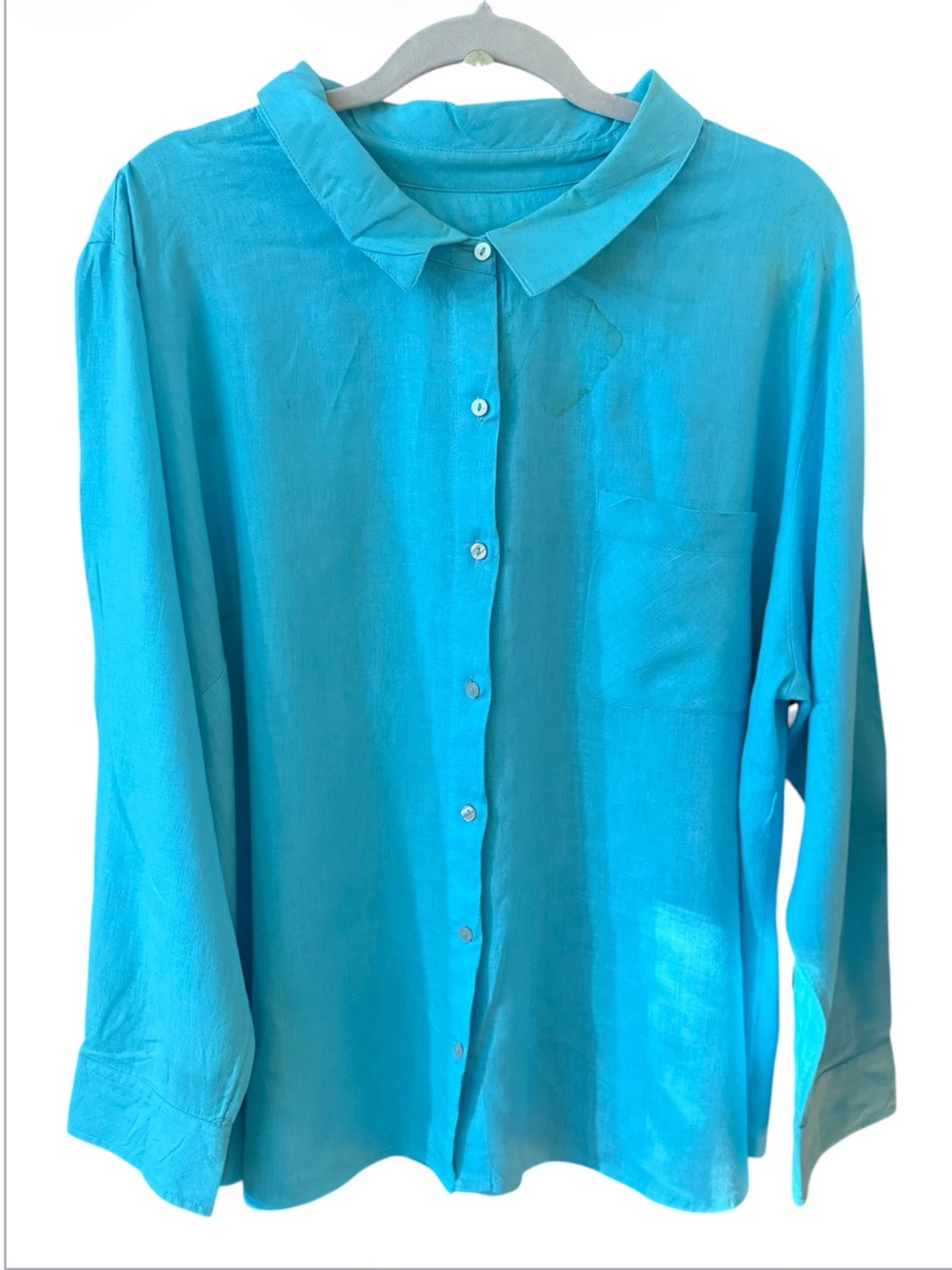 Candace Cameron Bure Petite Linen Blend Button- Front Shirt.Turquoise 2XP